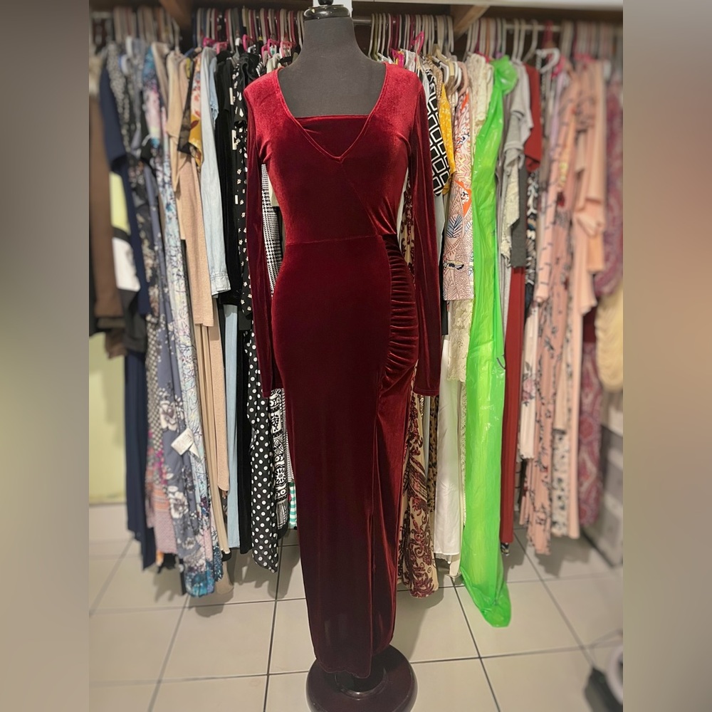 Burgundy velvet maxi slit dress